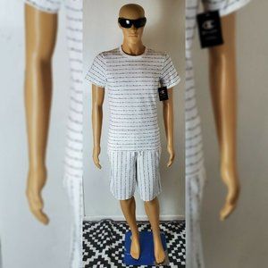 CHAMPION ALLOVER PRINSTRIPE PRINTED FLEECE SHORTS MEN' SIZE M WITH POCKETS WHITE